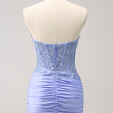 Lilac Strapless Corset Pleated Tight Homecoming Dress with Appliques
