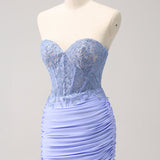 Lilac Strapless Corset Pleated Tight Homecoming Dress with Appliques