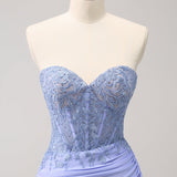 Lilac Strapless Corset Pleated Tight Homecoming Dress with Appliques