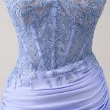 Lilac Strapless Corset Pleated Tight Homecoming Dress with Appliques