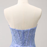 Lilac Strapless Corset Pleated Tight Homecoming Dress with Appliques