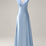 Sky Blue A Line V Neck Open Back Satin Long Bridesmaid Dress