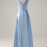 Sky Blue A Line V Neck Open Back Satin Long Bridesmaid Dress