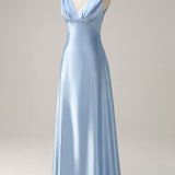 Sky Blue A Line V Neck Open Back Satin Long Bridesmaid Dress
