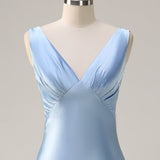 Sky Blue A Line V Neck Open Back Satin Long Bridesmaid Dress