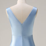 Sky Blue A Line V Neck Open Back Satin Long Bridesmaid Dress