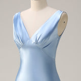 Sky Blue A Line V Neck Open Back Satin Long Bridesmaid Dress