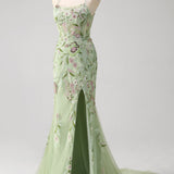 Green Mermaid Halter Corset Appliqued Long Prom Dress With Slit