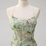 Green Mermaid Halter Corset Appliqued Long Prom Dress With Slit