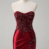 Mermaid Burgundy Strapless Sequin Long Prom Dress with Beading