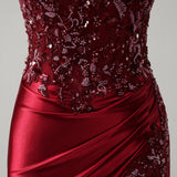 Mermaid Burgundy Strapless Sequin Long Prom Dress with Beading