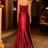 Mermaid Burgundy Strapless Sequin Long Prom Dress with Beading