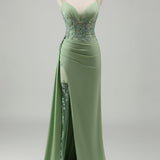 Sparkly Light Green Mermaid Spaghetti Straps Appliques Long Prom Dress with Slit