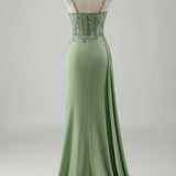 Sparkly Light Green Mermaid Spaghetti Straps Appliques Long Prom Dress with Slit