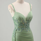 Sparkly Light Green Mermaid Spaghetti Straps Appliques Long Prom Dress with Slit