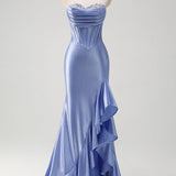 Sparkly Grey Blue Mermaid Strapless Ruffle Corset Satin Long Prom Dress with Slit