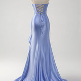 Sparkly Grey Blue Mermaid Strapless Ruffle Corset Satin Long Prom Dress with Slit