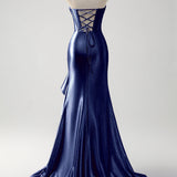 Sparkly Grey Blue Mermaid Strapless Ruffle Corset Satin Long Prom Dress with Slit