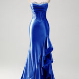 Sparkly Grey Blue Mermaid Strapless Ruffle Corset Satin Long Prom Dress with Slit