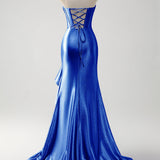 Sparkly Grey Blue Mermaid Strapless Ruffle Corset Satin Long Prom Dress with Slit