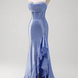Sparkly Grey Blue Mermaid Strapless Ruffle Corset Satin Long Prom Dress with Slit