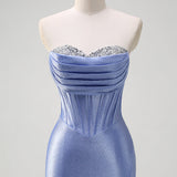 Sparkly Grey Blue Mermaid Strapless Ruffle Corset Satin Long Prom Dress with Slit