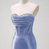 Sparkly Grey Blue Mermaid Strapless Ruffle Corset Satin Long Prom Dress with Slit