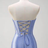 Sparkly Grey Blue Mermaid Strapless Ruffle Corset Satin Long Prom Dress with Slit