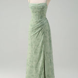 Dusty Sage Mermaid Floral Corset Ruched Long Prom Dress with Slit