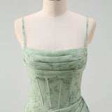 Dusty Sage Mermaid Floral Corset Ruched Long Prom Dress with Slit