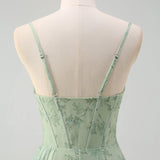 Dusty Sage Mermaid Floral Corset Ruched Long Prom Dress with Slit