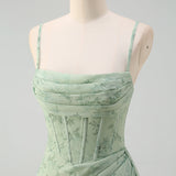 Dusty Sage Mermaid Floral Corset Ruched Long Prom Dress with Slit