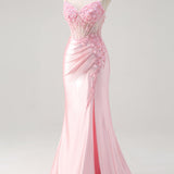 Pink Mermaid Corset Floral Prom Dress with Slit