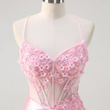 Pink Mermaid Corset Floral Prom Dress with Slit