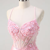 Pink Mermaid Corset Floral Prom Dress with Slit