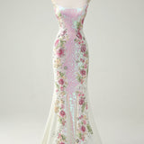 Sparkly White Floral Strapless Mermaid Long Prom Dress