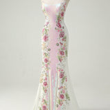 Sparkly White Floral Strapless Mermaid Long Prom Dress