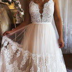 Ivory Boho A-Line Long Tulle Wedding Dress with Appliques