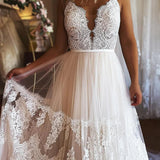 Ivory Boho A-Line Long Tulle Wedding Dress with Appliques