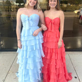 Lira | Hot Pink Chiffon Sweetheart Tiered Ruffles Prom Dress with Slit