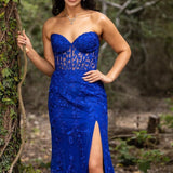 Luma | Hot Pink Mermaid Strapless Corset Lace Long Prom Dress with Slit