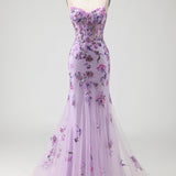 Purple Mermaid Appliqued Corset Long Prom Dress with Beading