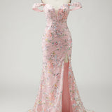 Off the Shoulder Mermaid Sequin Long Blush Prom Dress with Embroidery