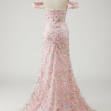 Off the Shoulder Mermaid Sequin Long Blush Prom Dress with Embroidery