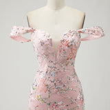 Off the Shoulder Mermaid Sequin Long Blush Prom Dress with Embroidery