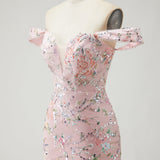 Off the Shoulder Mermaid Sequin Long Blush Prom Dress with Embroidery