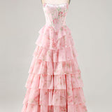 Strapless Blue A Line Corset Tiered Ruffle Floral Long Prom Dress with Slit