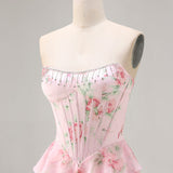 Strapless Blue A Line Corset Tiered Ruffle Floral Long Prom Dress with Slit