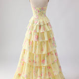 Strapless Blue A Line Corset Tiered Ruffle Floral Long Prom Dress with Slit