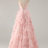 Strapless Yellow Blue Flower A Line Tiered Ruffle Corset Long Prom Dress with Slit